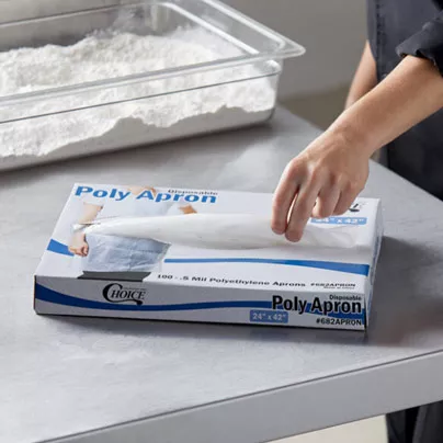 Keep fresh aprons readily available with a convenient dispenser box that dispenses one apron at a time. These single-use aprons are made from polyethylene, offering an ideal barrier for food processing, food service, and other hygienic applications.
Features:
·Disposable
·Convenient Dispenser Box
·One-Piece,Individual Folded 
·Chemical,Fluid-Resistant
·Compliant for contact with food